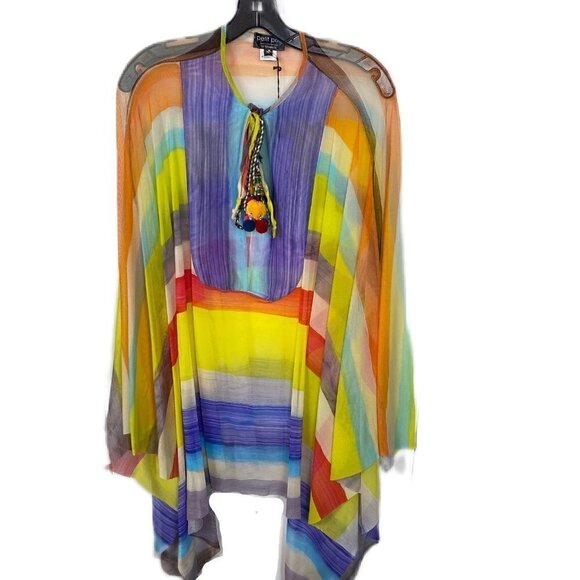 Petit Pois Viviana G Sheer Mesh Poncho XS | Striped Beaded Pom Pom Boho Top - Picture 3 of 11